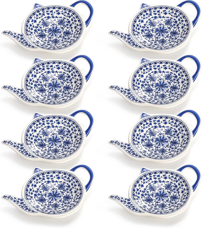 Elsjoy Set of 8 Teapot Shaped Teabag Holders for Used Tea Bag, Ceramic Tea Bag Coaster Porcelain Floral Tea Bag Dish Saucer, Vintage Teaspoon Rest for Tea Party - Image 3